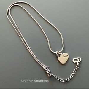 Vintage Christian Dior Silver Tone Heart Pendant Necklace CD Logo
